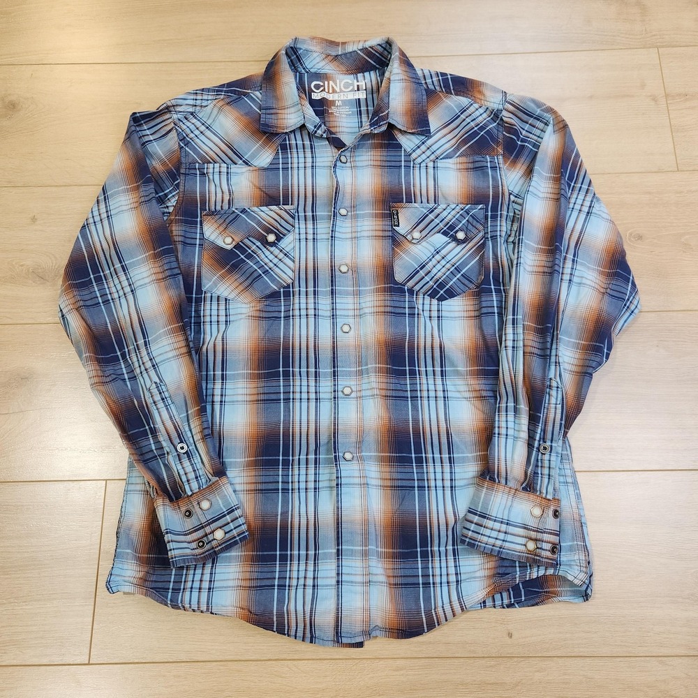 Cinch Shirt Mens Medium Blue Plaid Long Sleeve Western Pearl Snap Modern Fit